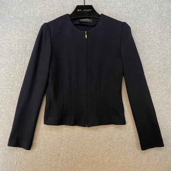 St John Small Black Tight Knit Full Zip Jacket • Santana Knit • Gold Tone Zipper - Picture 1 of 6